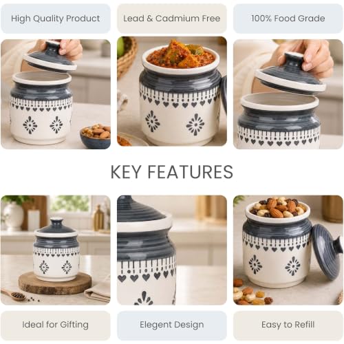 Image of The Earth Store Grey Drape Pickle Jar Set of 1 - 600ML Ceramic Jar for Kitchen Storage | Microwave & Dishwasher Safe Achar Container | Pickle, Salt & Spice Storage Jar | Barni Jar