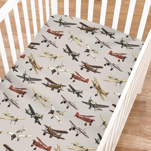Image of Vintage Airplane Baby Crib Sheets for Boys Girls 52 inchx28 inch Retro Airplanes Transportation Travel Crib Mattress Covers Snug Fitted Soft Breathable Baby Sheets for Standard Crib and Toddler Mattresses