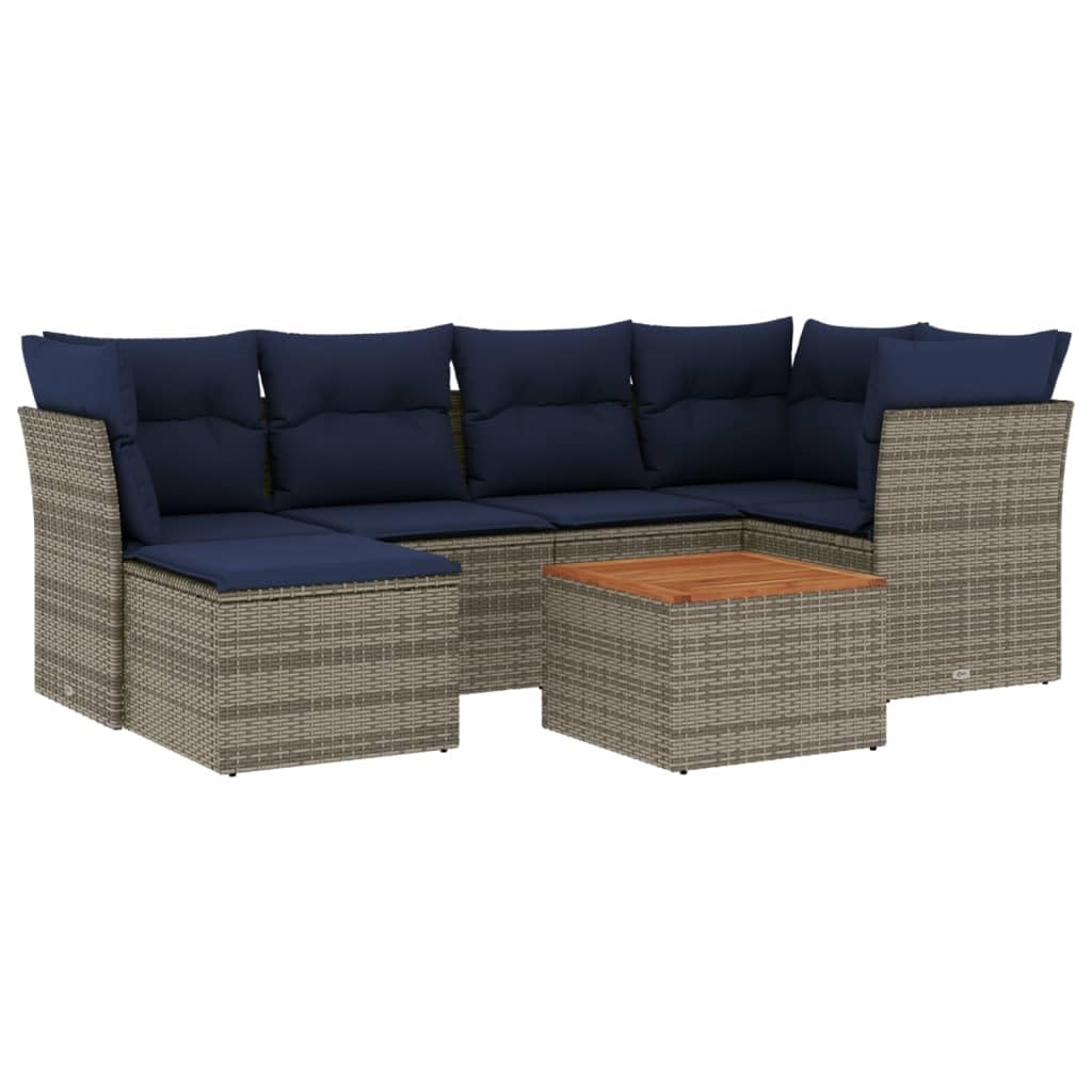 Juego de 7 sofás de jardín de polirratán con espacio de almacenamiento, conjunto modular para jardín y terraza, mesa de jardín de madera de acacia, incluye cojines, color gris
