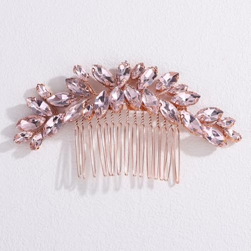 Image of Octwine Bride Wedding Silver Green Red Rhinestone Crystal Hair Comb Wedding Party Prom Hair Headpiece Bridal Wedding Hair Accessories for Women (Rose gold pink)