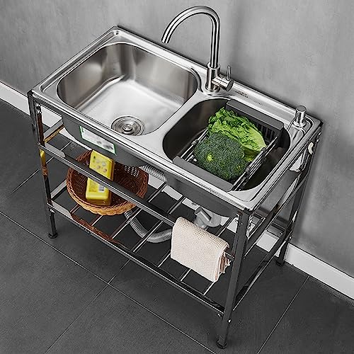 Évier de cuisine commercial double cuve inox 304 avec support et robinet eau chaude froide