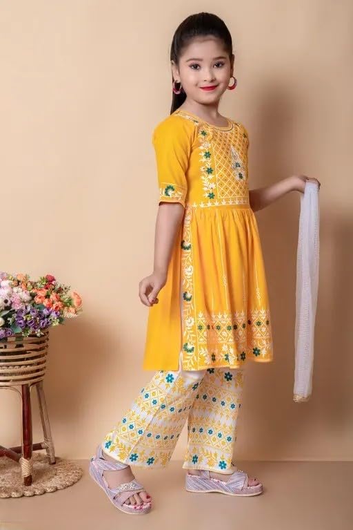 Image of Girls Traditional Embroidered Kurta Palazzo Set, Green and White, Floral Design, Half Sleeves