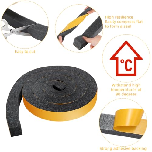 Image of 1 Rolls 1-1 /2 Inch W x 1-1 /2 Inch H Foam Weather Stripping with Adhesive 8 ft Foam Density Closed Cell Tape Seal for Uneven Gaps Doors Windows (Black)