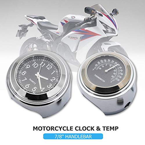 Baceyong Motorrad-Lenkeruhr & Thermometer, wasserdichte Motorraduhren Fahrrad Uhr Für Lenker, Motorrad Uhr Fahrradzubehör Lenkerhalterung Watch, Durchmesser 22-25Mm Motorraduhr, Schwarz, 2 Stück