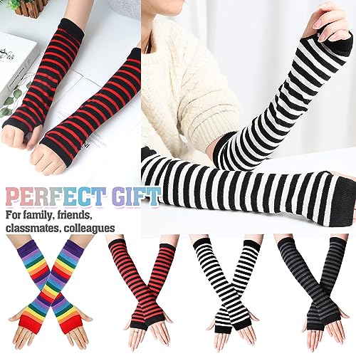 ZOCONE 4 Pairs Striped Arm Warmers Fingerless Gloves for Women, Knit Gloves Long Wrist Warmers Autumn Winter Accessories, Black White Grey Red Rainbow, 31cm x 8cm (flat, approximate)