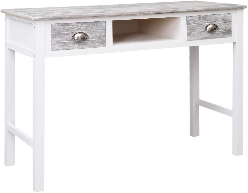 Wooden Writing Computer Desk with 2 Drawers and 1 Open Compartment, Home Office Desk Writing Study Table for Bedroom, Console Table for Living Room, Antique Gray 43.3"x17.7"x29.9"