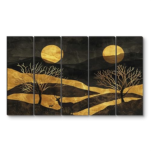 Image of Livin'luxe 5 Panel Abstract Gold Landscape Wall Art | Twin Moon Night Scene with Deer & Trees | Black & Metallic Framed Wall Art for Living Room, Office, Lounge & Modern Luxury (50 x 30 Inch) XL-35421