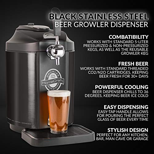 Homecraft Black Stainless Steel Easy-Dispensing Tap Mini Kegerator Cooling System, Includes Reusable Growler, Co2 Cartridges, Removable Drip Tray & Cleaning Kit, Beer Fresh For 30 Days, 5-Liter #TOP1