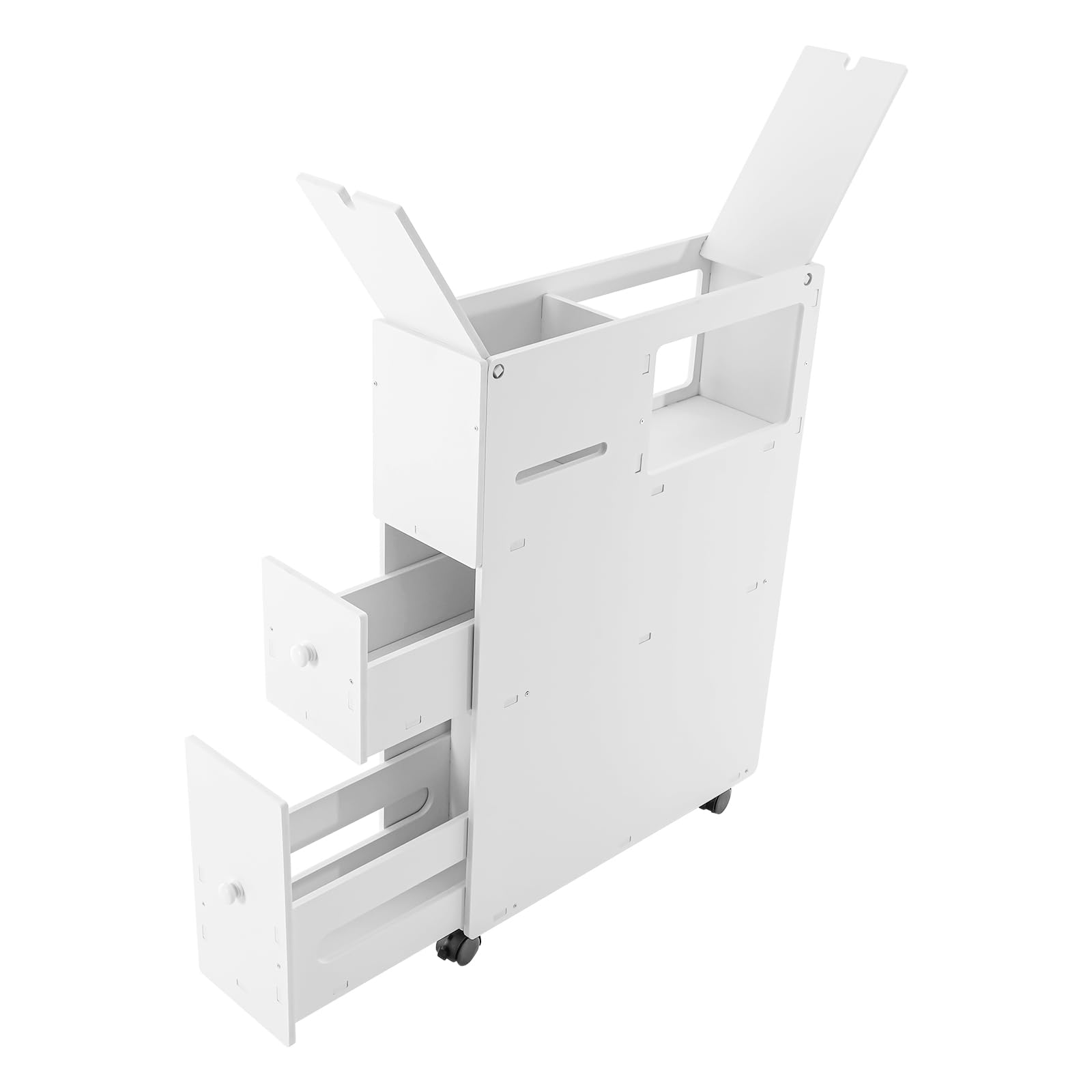 KONKENIE 4 Tier Slim Bath Side Cabinet 2 Drawer & 2 Box Bathroom Storage Organizer with Shelf Narrow Corner Floor Cabinet with Wheels Toilet Paper Holder Vertical for Small Space White