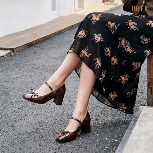 Image of IDIFU IN2 Mary Janes for Women Closed Toe Block Heels Cute Bow Dress Shoes
