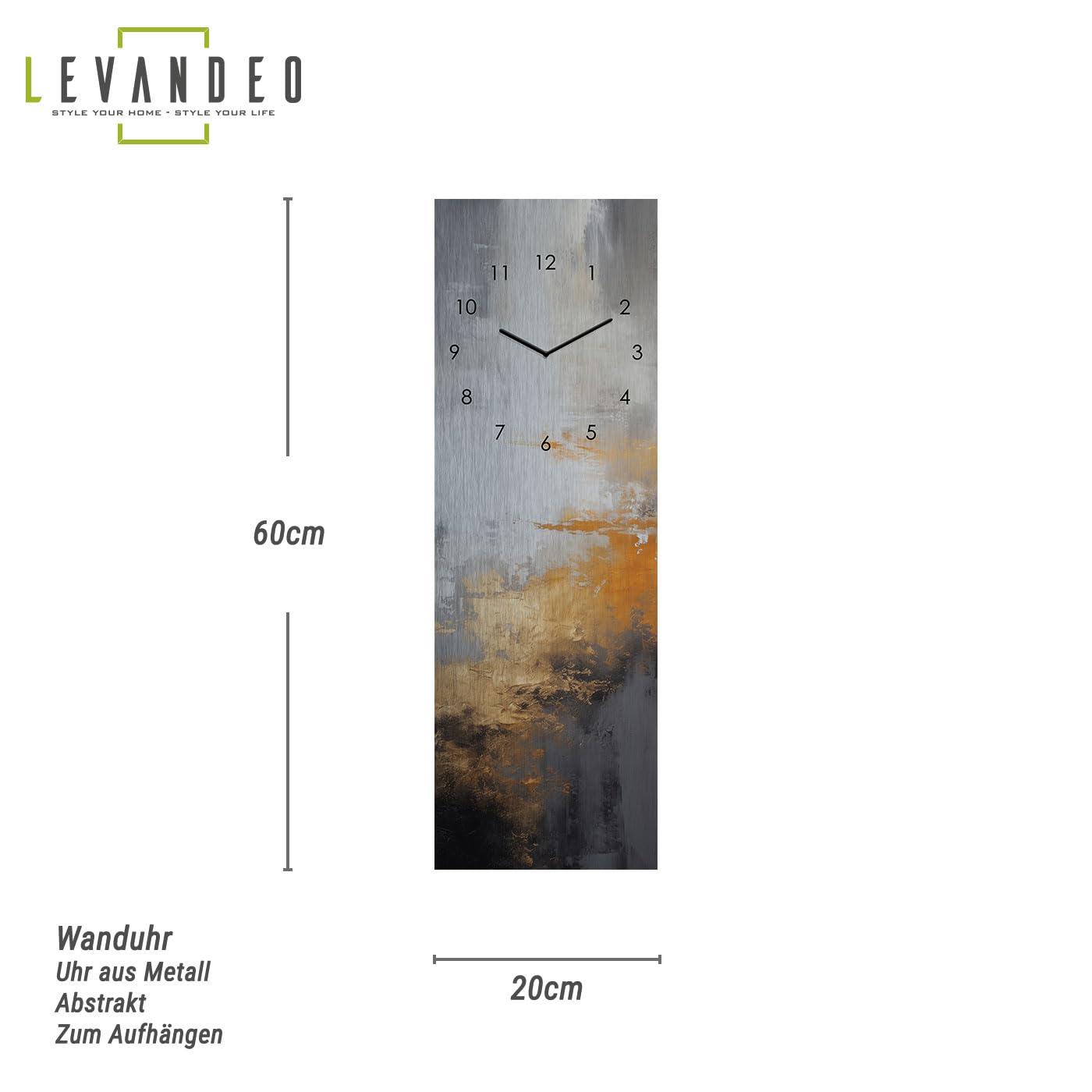 levandeo Wanduhr Metall 20x60cm Schwarz Gold Abstraktes Design Metalluhr Moderne Wanddeko Wandkunst Deko