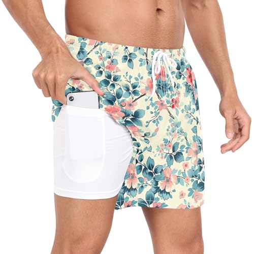 xigua Vintage Floral Pattern Mens Swim Trunks with Liner, 5 inch Quick Dry Mens Boardshorts for Beach2