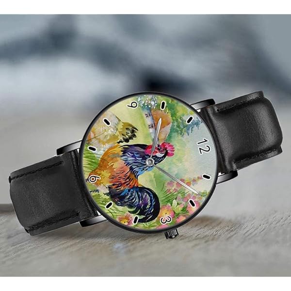 Aquarel Boerderij Vogel Haan Omringd door Bloemen Horloges Persoonlijkheid Business Casual Horloges Mannen Vrouwen Quartz Analoge Horloges, Zwart