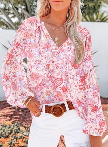 Dokotoo Women's Casual Boho Floral Print V Neck Long Sleeve T Shirt Blouses2