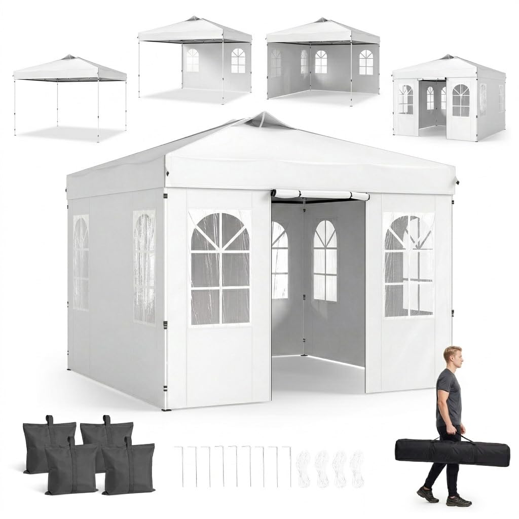 GOPLUS Carpa Plegable 3x3 M (Blanco) | Cenador Impermeable, Laterales Desmontables, 2 Puertas con Cremallera, Incluye Bolsa de Transporte para Jardín, Camping