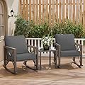 VONZOY Rocking Bistro Set, 3 Piece Outdoor Patio Furniture Set with 2 Rockers and 1 Metal Coffee Table, Rattan Conversation Sets with Thick Cushions for Backyard, Porch, Poolside (Grey)