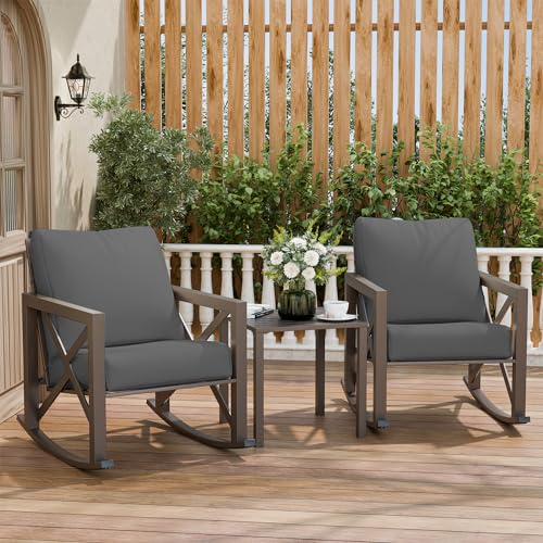 VONZOY Outdoor Rocking Bistro Set, Patio Rocking Chairs Set of 2 with Coffee Table, 3 Pieces Metal Conversation Sets with 6.5" Thick Cushions for Backyard, Porch, Poolside, Oversized (Gray)
