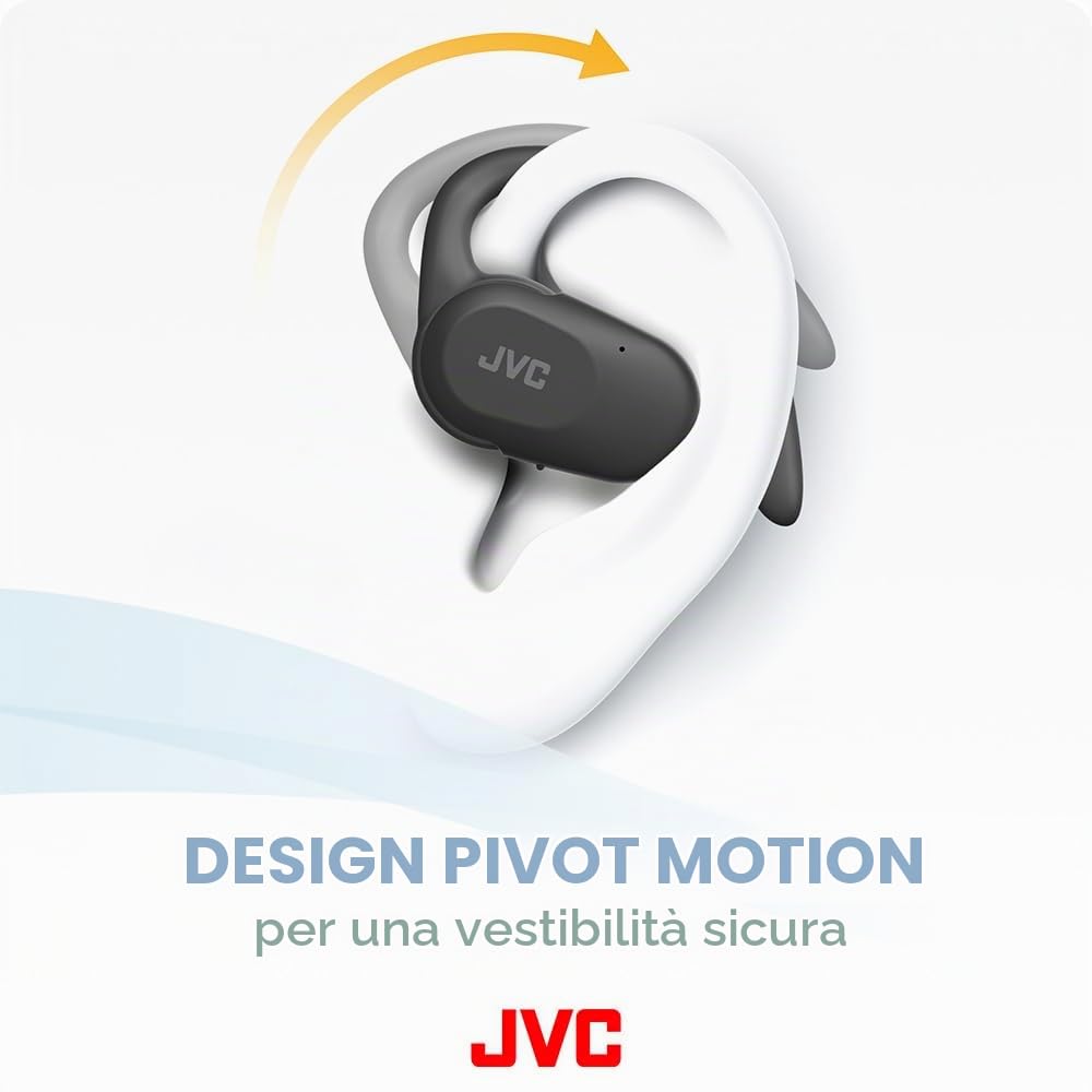 JVC HA-NP40T-B, cuffie Nearphones True Wireless Open-Ear con ganci per l'orecchio Pivot Motion, magnete al neodimio da 16 mm, Bluetooth 5.4, 26 ore di riproduzione - Nero