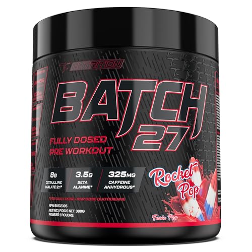 Image of TC Nutrition Batch 27 Pre Workout Powder - 8g Citrulline, 3.5g Beta Alanine, 2.5g Betaine, 325mg Caffeine | Instant Energy, Focus, Pumps, & Strength | Nitric Oxide Booster 20 sv (Rocket Pop)