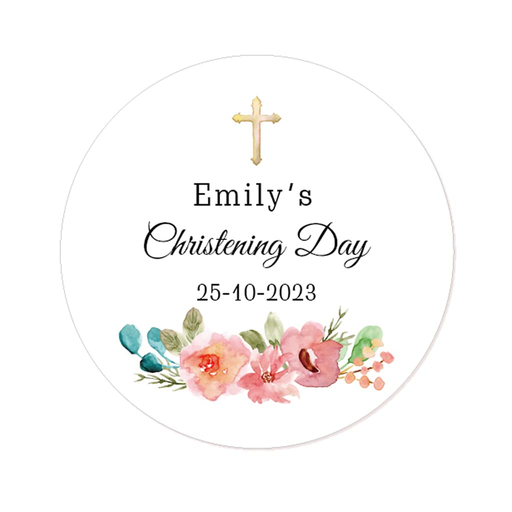50 Personalised Christening Stickers/Baptism Labels, Flower Blush and Golden Cross 40MM First Communion/Confirmation Stickers fits Invites Envelope Seals, Party Favours - Rd 360 (005)