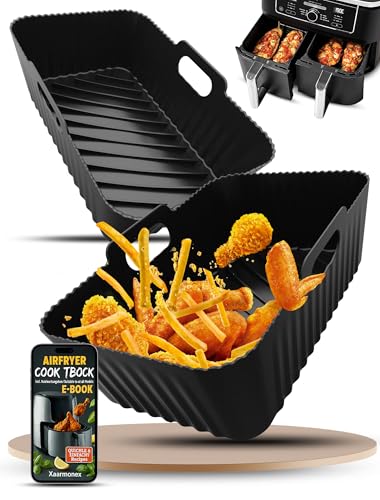 Silicone Air Fryer Liners 2 Pack for Ninja Dual Zone AF400UK AF451UK AF300UK 8–9.5L Foodi MAX, Compatible with Tower T17088, Keplin, EMtronics Reusable Non-Stick Dishwasher Safe Accessories