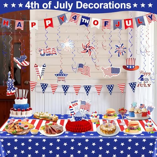 Image of 29 PCS Patriotic Decorations Set, 4th of July Party Decorations Red White Blue USA Flag Banner Tablecloth Hanging Swirls Pennant Honeycomb Table Decor Memorial Day Fourth July Party Favors
