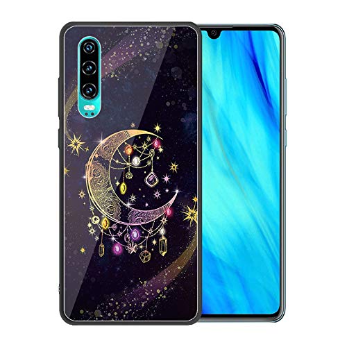 Urhause Tempered Glass Cover Compatible with Huawei P30 Case Glossy Mirror Case Ultra Thin Starry Sky Sparkle Hard Cover Moon Tempered Glass + Soft Silicone Skin Cover Bumper Anti-Scratch Cover