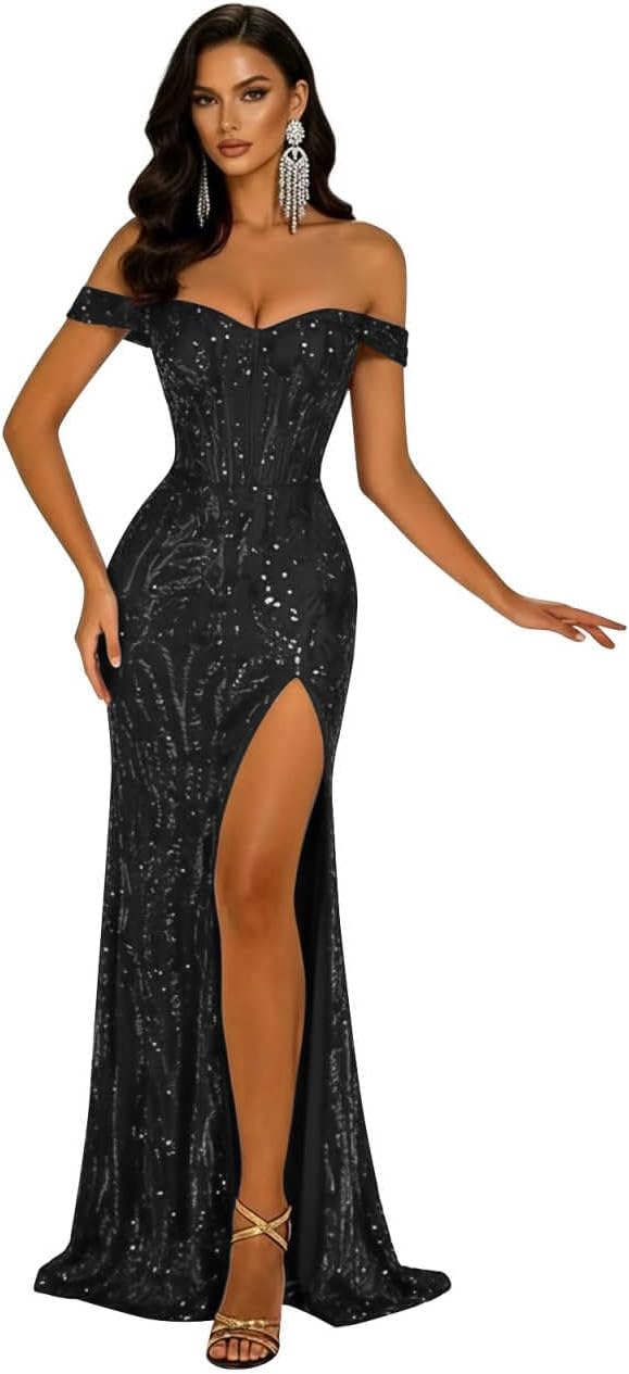 Off The Shoulder Sequin Prom Dresses for Women 2026 Sweetheart Mermaid Backless Formal Evening Ball Gown with Slit