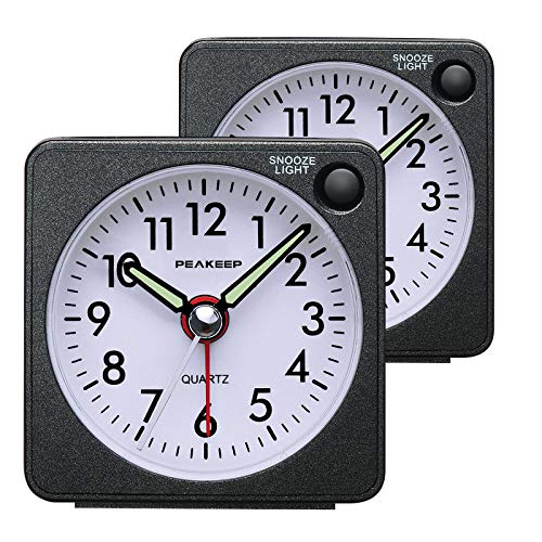 Peakeep Ultra Small, Battery Travel Alarm Clock with Snooze and Light, Silent with No Ticking Analog Quartz(Black-2Pcs)
