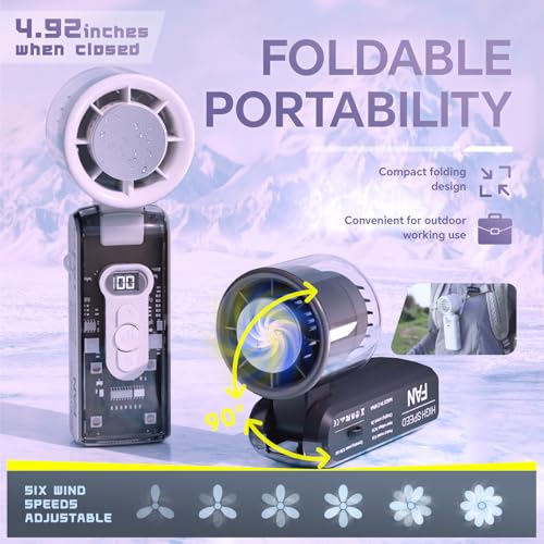Image of Portable Handheld Fan with Cooling Plate for Personal Travel | Small Turbo Cooler with Lanyard, LED Flashlight for Camping Outdoor, High Speed Cold Air, Rechargeable Foldable Desk Item