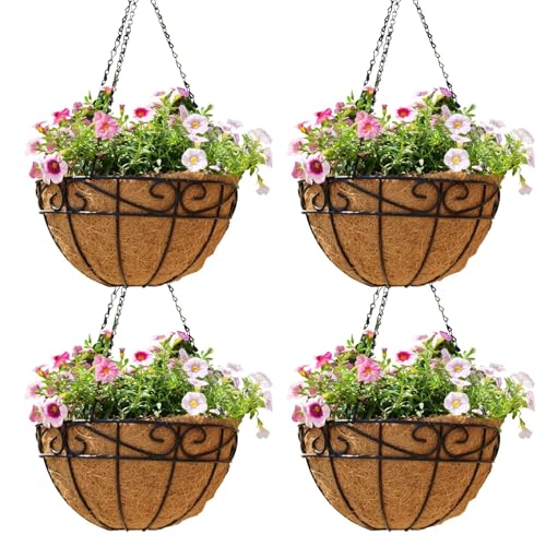 EIMQUVW Outdoor Metal Hanging Planters Basket (4pack 14 inch) Hanging Baskets for Plants Chain Round Wire Plant Holder with Coco Fiber Liners for Garden Patio Deck Porch(Flower Border)