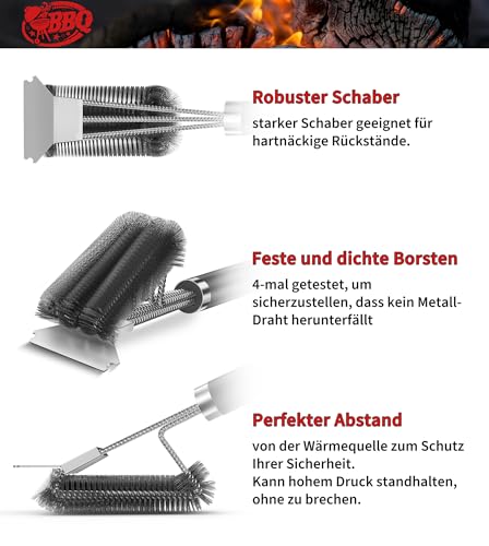 Grillbürste, TNTOR Grill Reinigungsbürste mit Extra Langer Edelstahl Borsten, Edelstahl Spatel und PP Wärmedämmung Griff, für Gasgrill, Holzkohlegrill, Kugelgrill, Elektrogrill und Grillrost.