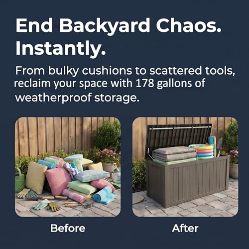 Image of 178 Gallon Resin Deck Box with Gas Lift Support - Outdoor Storage for Patio Furniture, Garden Tools & BBQ Accessories - Weatherproof Wood Grain Design with 660 Lbs Bench Seat (Lockable Lid)
