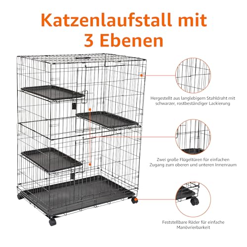 Amazon Basics Langlebig, biegsam Großer Katzenkäfig mit 3 Ebenen, Schwarz, L 91 x B 57 x H 129 cm
