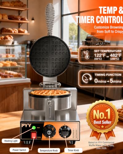 Image of PYY Commercial Waffle Maker - 20Pcs /H Round Belgian Waffle Iron, Non-Stick Stainless Steel Waffle Baker Machine with Temp & Timer Control, for Home Kitchen, Restaurant, Snack Bar 1300W