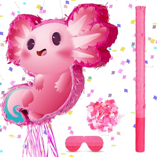 Seematn Axolotl Pinata Birthday Party Supplies Animals Pinata with a Blindfold, Bat and Confetti for Axolotl Party Favor Kid Girl Birthday Baby Shower Supplies, 15. 75 x 12. 2 x 2. 95 Inch