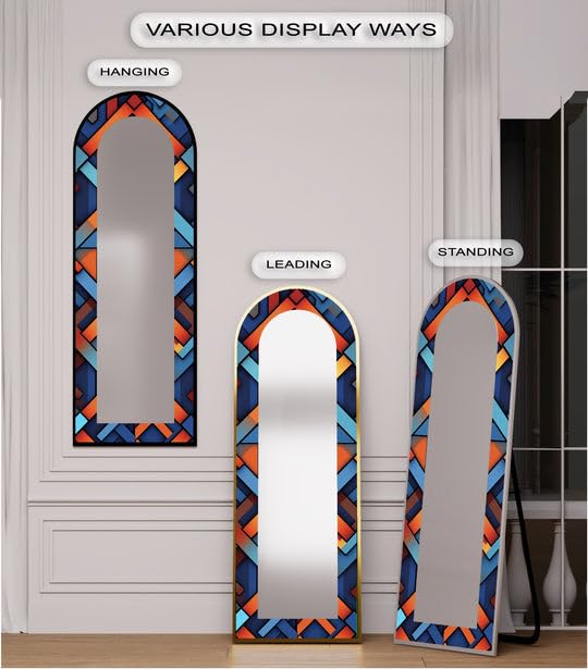 Specchio da pavimento con motivo geometrico, lunghezza intera, 50,8 cm di larghezza x 160 cm di altezza, specchio da pavimento ad arco con cornice nera e cornice dorata