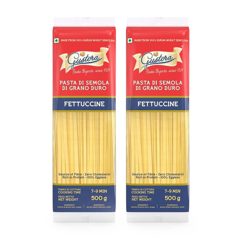 Gustora Fettucine Pasta Combo Pack Of 2 I Durum Wheat Semolina I Rich In Protein & Fibre I Zero Cholesterol I Cooking Time 10 Min I Vegetarian Pasta - (500 Gm X 2)