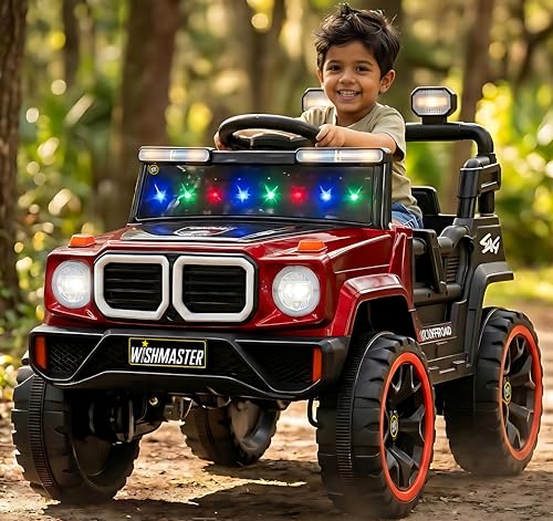 Image of Wishmaster 4x4 Kids Electric Ride On Jeep with Remote Control | Battery Operated Car for Kids 2-6 Years | RGB LED Lights, Bluetooth Music | Birthday Gift | 1-Year Warranty On Motors & Motherboard