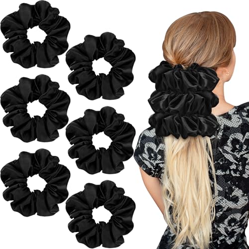Image of Chuangdi 6 Pieces Big Satin Scrunchies for Women, Jumbo Silk Scrunchies Thick Elastic Jumbo Hair Tie Galentine Valentine's Day Gifts(Black)