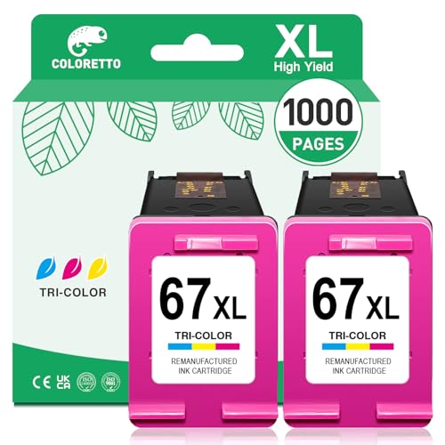 COLORETTO 67XL Color Ink Cartridges for HP 67 Color Ink Cartridge for Deskjet 2800e 2855e 2827e 2842e 2852e 2700 2755e 2742e 4255e 4227e Envy 6455e 6055e 6000 for HP67 Tricolor Replacement (2 Pack)