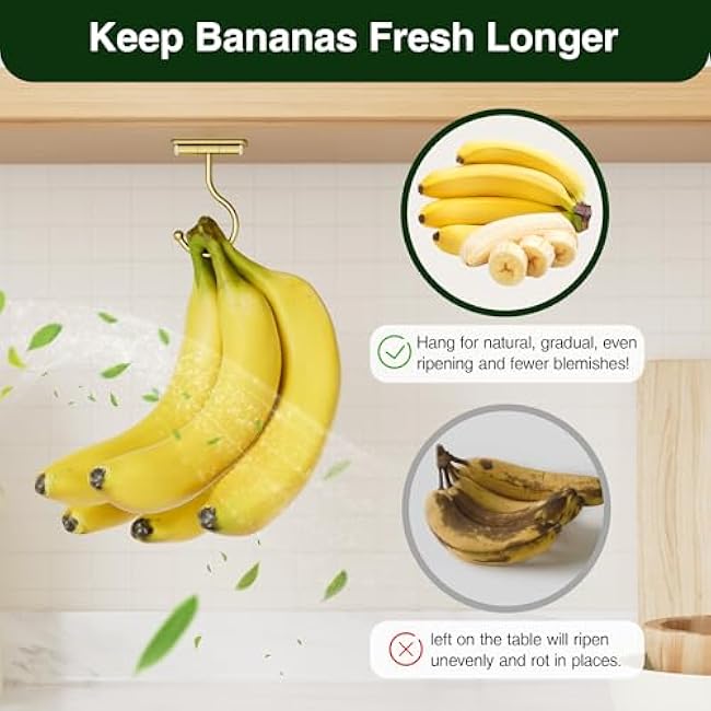 Under Cabinet Banana Hook Adhesive - Sticky Banana Hanger Under Counter, Sturdy Metal Banana Holder for Hanging Bananas or Kitchen Utensil, Banana Saver, Keeps Bananas Fresh, Gold