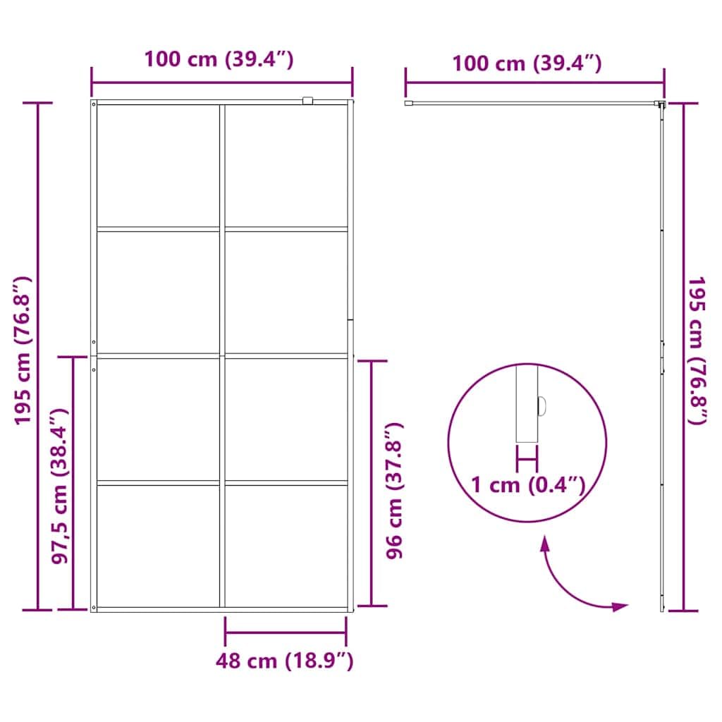 Parete doccia per cabina doccia, 100 x 195 cm, con vetro di sicurezza monolastra da 5 mm e telaio in alluminio, nero trasparente