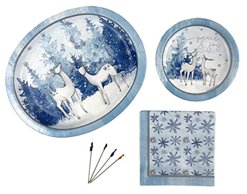 Christmas Dinnerware Set Disposable Dishes Includes 14 Oval Paper Plates, 44 Dinner Napkins, 32 Dessert Plates and 50Ct Frill Picks Holiday Reindeer Winter Snowflake Scene Blue White - Serves 14 Guest