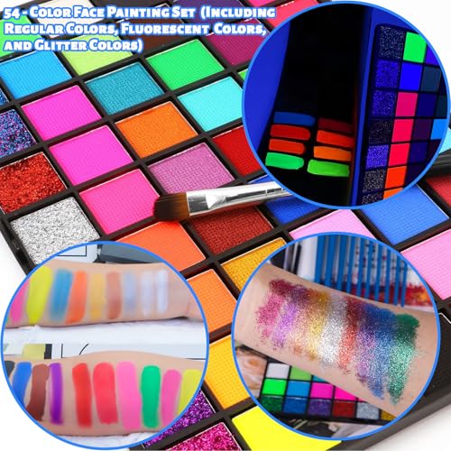 Face Painting Kit for Kids, 54 Color Professional Face Painting Kits with 10 Brushes and Stencils，Water Based Non Toxic Face Paint for Kids