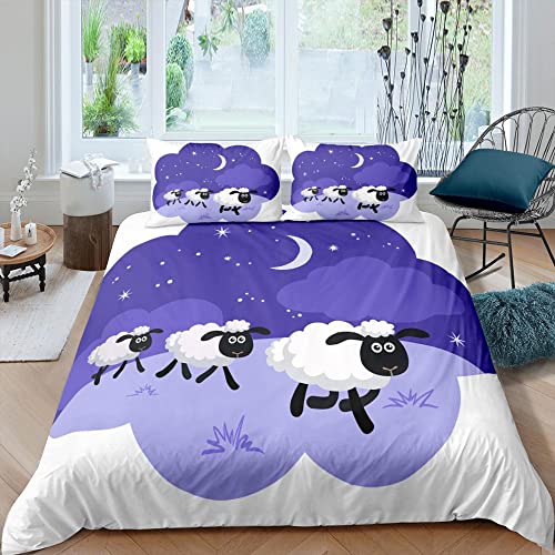 Funda Nordica Cama 90 Oveja Morada Microfibra Funda de Edredón 150x220 cm con Cremallera y 1 Funda de Almohada 50x80 cm para Cama Individual