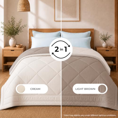 Image of King Size Comforter for Double Bed, 220 GSM Soft Microfiber AC Comforter, All Season Lightweight Reversible Blanket Bed Quilt, Premium Bedding, 90 x 100 Inch, Cream-Light Brown