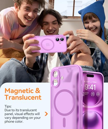 Image of CANSHN Magnetic for iPhone 16 Case, Upgraded [Full Camera Protection] [Compatible with Magsafe] [Translucent Matte] Shockproof Protective Phone Case for iPhone 16 - Pinkish Purple