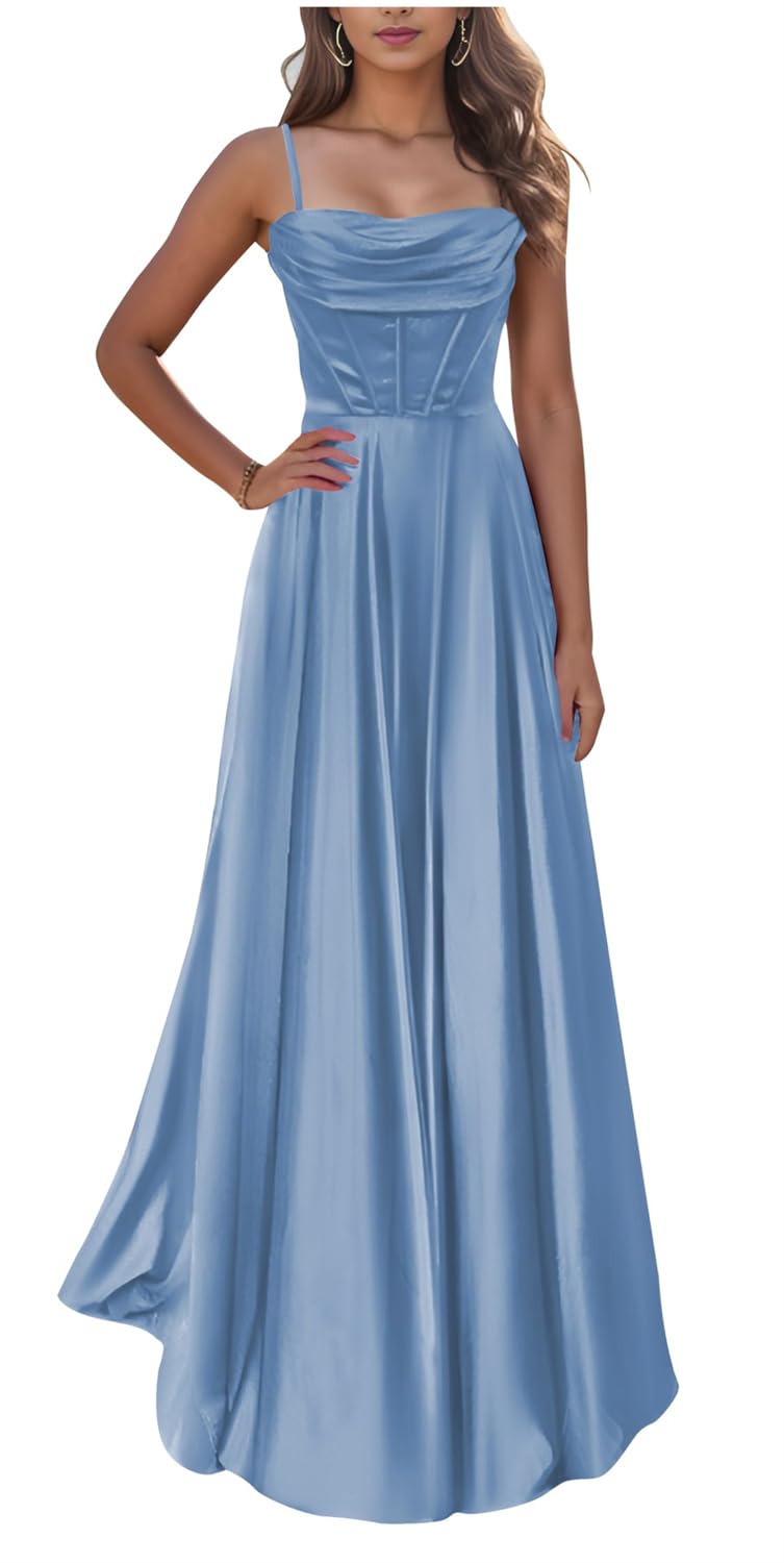 Kurface Women's Dusty Blue Prom Dresses With Slit For Long Spaghetti Strap Cowl Neck Satin Bridesmaid Dress Uk18