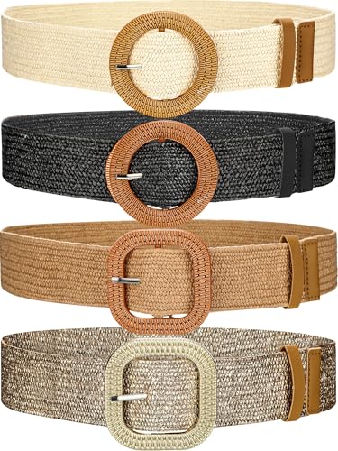 Image of WILLBOND 4 Pcs Women's Elastic Raffia Woven Belt, Boho Rattan Buckle Stretch Straw Wide Waist Belt for Dresses Jeans Pants